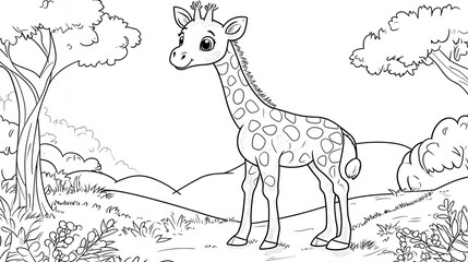 A cute cartoon giraffe in a jungle setting.