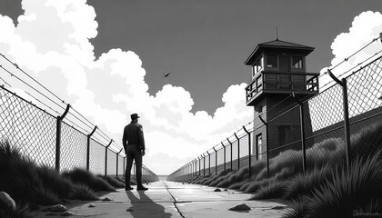 Guard observing prison yard correctional facility black-and-white illustration gritty environment ground-level view social issues perspective