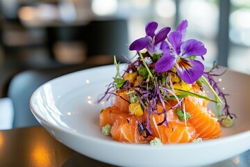 Fresh Salmon Salad with Edible Flowers and Vibrant Garnish