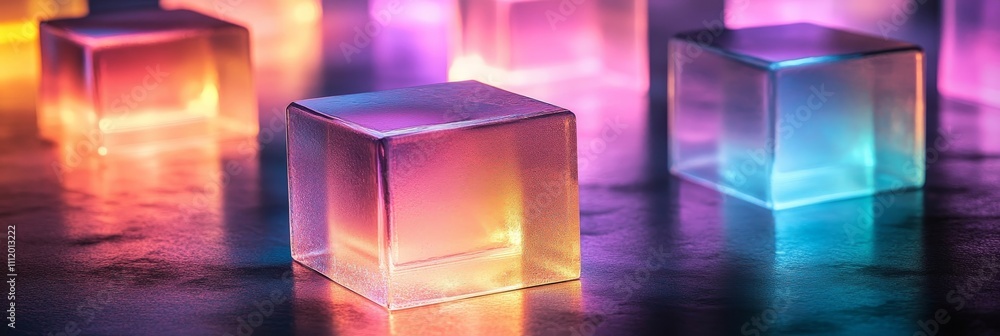 Poster illuminated cubes on dark surface in abstract ambience - illuminated cubes create a captivating atmo