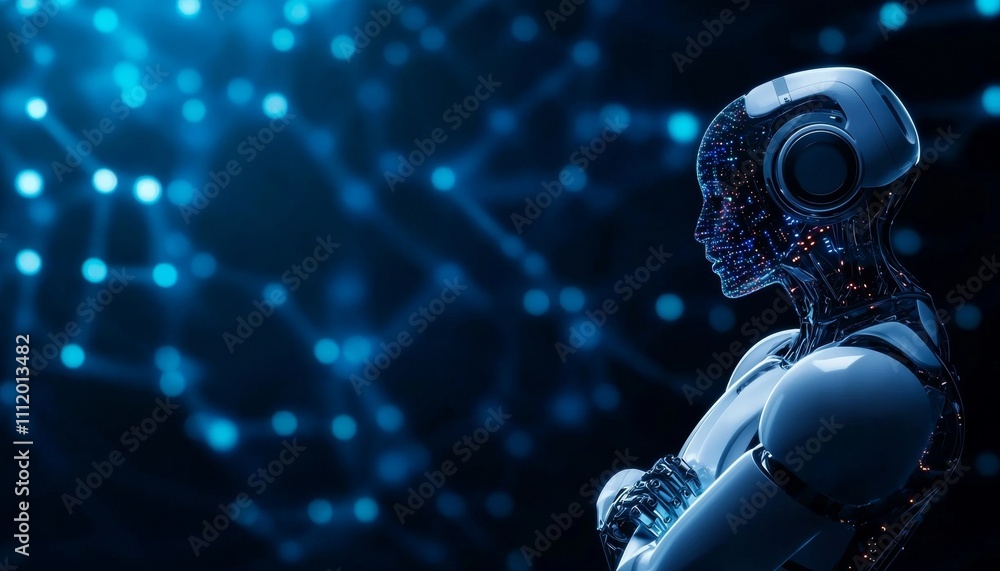 Aufkleber a futuristic robot figure with a digital network backdrop, suggesting advanced technology and ai.