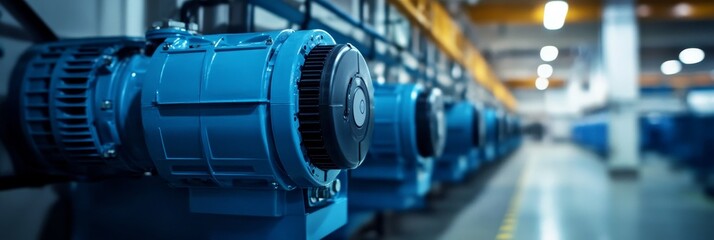 Obraz premium Industrial Blue Electric Motors in a Powerful Arrangement - Industrial Blue Electric Motors in a Powerful Arrangement showcasing innovation, efficiency, technology, machinery, engineering.