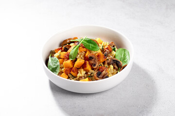 A vegan risotto with roasted pumpkin, mushrooms, and fresh spinach served in a white bowl on a light background