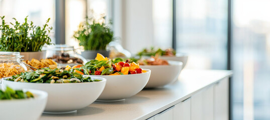 Fresh salads and healthy meal options in modern office cafeteria
