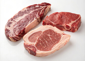 Assorted Raw Beef Cuts on White Background  
