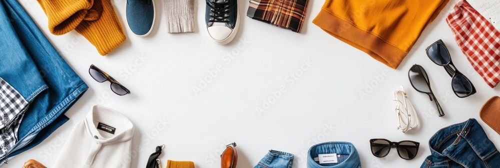 Poster Various styles of clothing and accessories arranged neatly on a white background create a clean, modern look with ample space for additional text. Generative AI
