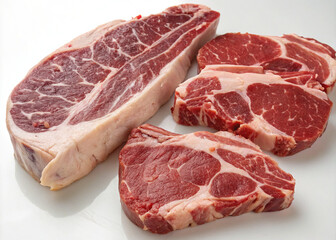Close-up of various raw beef cuts with visible marbling, showcasing freshness and texture, arranged on a clean white background.  
