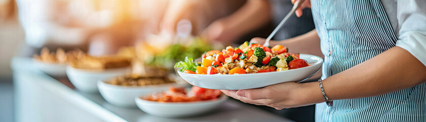 vibrant breakfast buffet with fresh salads and lively conversations