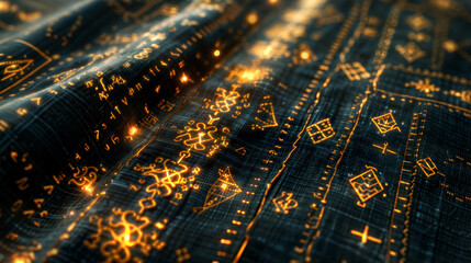 Glowing embroidery symbols on digital fabric background futuristic data visualization