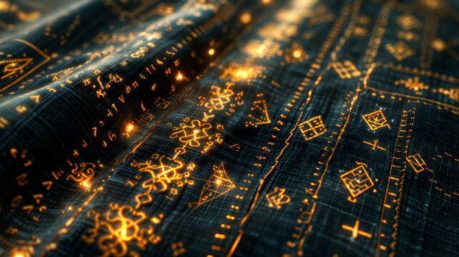 Glowing embroidery symbols on digital fabric background  futuristic data visualization