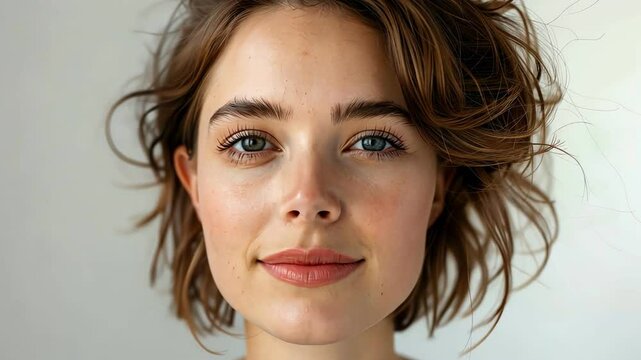 A close-up portrait of a young woman with wavy hair and a natural expression, set against a soft, neutral background.