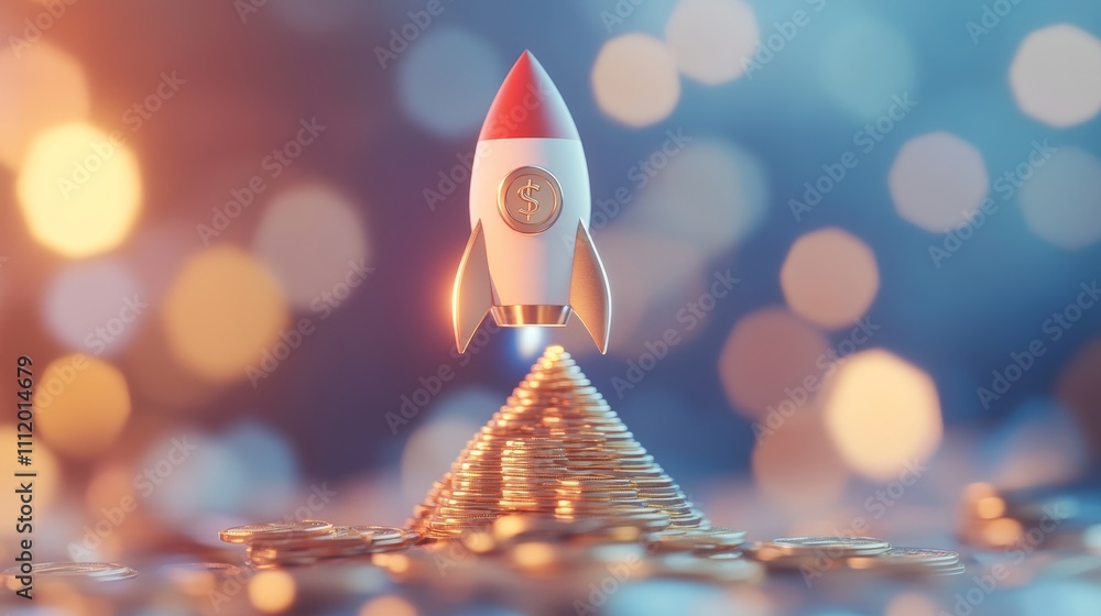Poster low poly 3d rocket floating over a pyramid of coins - a creative low poly 3d rocket launching from a