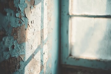 Abandoned Window in an Old Building Showcasing Textured Walls with Peeling Paint and Soft Natural Light Streaming Through the Glass Pane