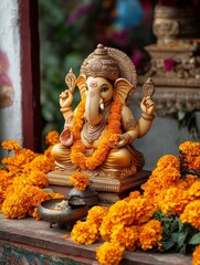 Fototapeta premium Lord Ganesha Idol Surrounded by Marigold Flowers - A captivating Lord Ganesha idol adorned with marigold flowers symbolizing prosperity, wisdom, harmony, devotion, and celebration.