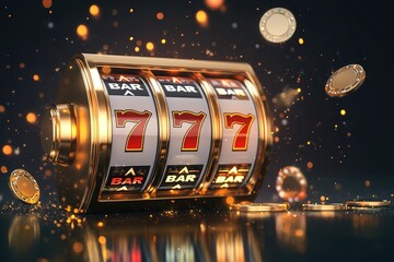 Spinning slot machine with lucky 777 jackpot, coins, and glitters