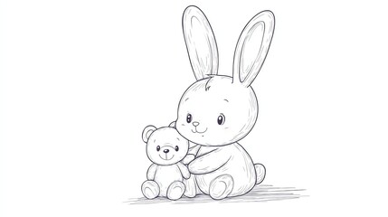 Obraz premium A cute cartoon bunny rabbit holding a teddy bear.