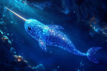 Fototapeta premium Luminous Narwhal in a Crystal Cave - A surreal representation of a glowing narwhal swimming through an enchanted underwater cave filled with sparkling light.