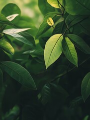 Lush green leaves in a serene nature setting symbolize tranquility, growth, freshness, vitality, and harmony.