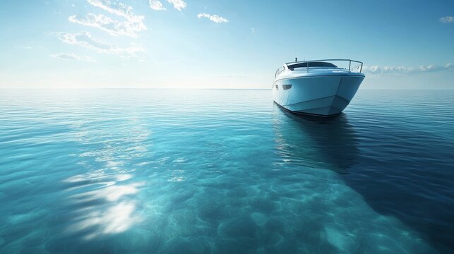 Luxury yacht cruising in clear waters during a sunny day - A stunning luxury yacht glides on crystal clear waters under the bright sun, symbolizing tranquility, freedom, adventure, relaxation, and opu