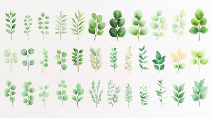 Herbaceous Watercolor Collection, A vibrant assortment of garden and wild herbs, featuring lush eucalyptus and tropical leaves, beautifully illustrated on a clean white backdrop.