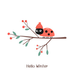Christmas card with Red berry branch, hand written fonts and ladybird cartoon isolated on white background vector.