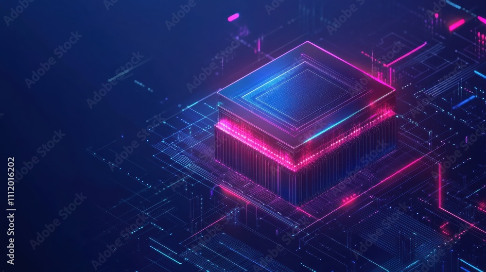 Poster Dynamic representation of a digital AI chip within a vibrant abstract technology brain on a dark blue backdrop, emphasizing artificial intelligence. Generative AI