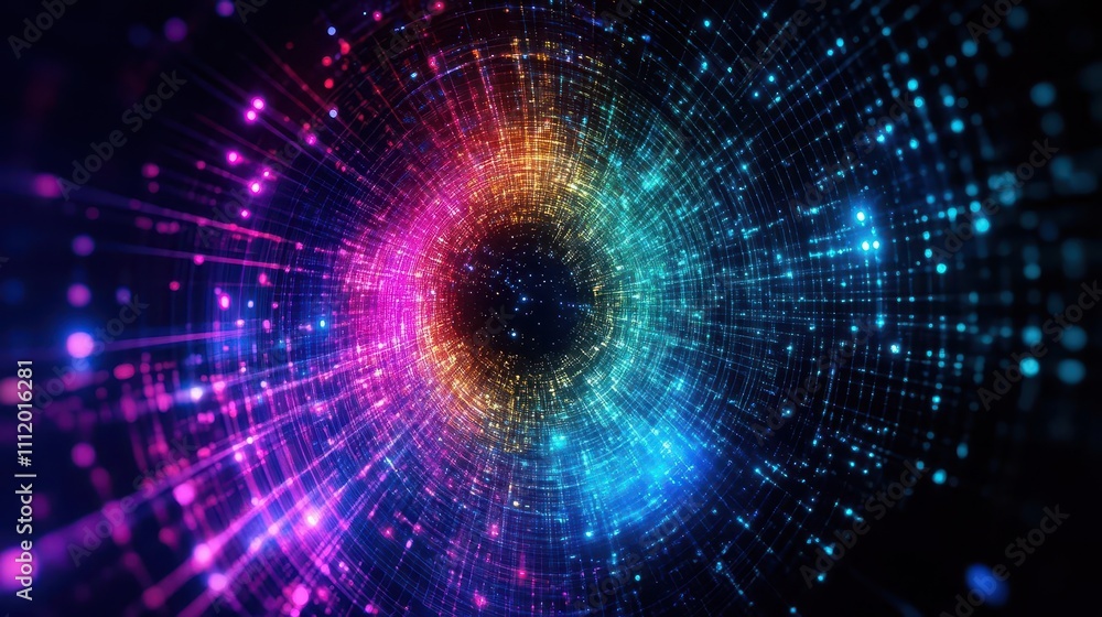 Poster swirling vortex of vibrant data points, symbolizing decisionmaking, abstract ai patterns, luminescen