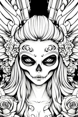 A woman with a skull on her face and flowers in her hair. The skull is surrounded by roses and the woman has a demonic look on her face