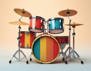 A colorful drum set with red, blue, and yellow drums and cymbals on a plain background