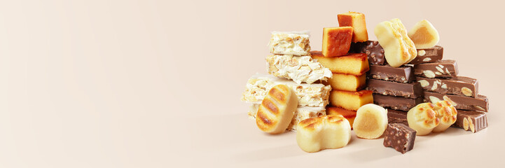 A wooden platter with traditional Spanish Christmas sweets: turron and marzipan on a beige stone background