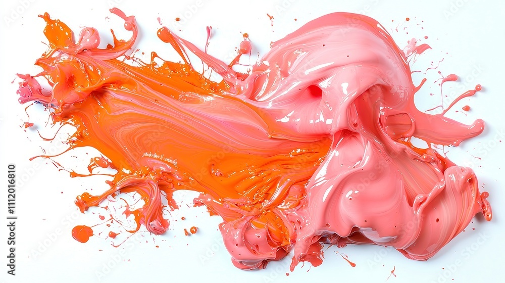 Poster vibrant fluid motion, swirling hues of liquid paint gracefully flowing on a pristine white backdrop,