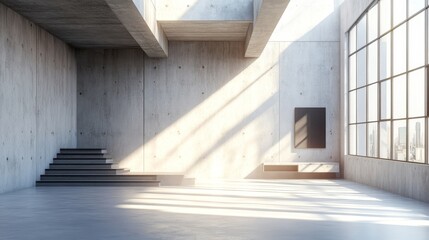 Obraz premium Minimalist Industrial Interior with Soothing Sunlight - This image features a minimalist industrial interior showcasing concrete walls, radiant sunlight, and spacious design elements symbolizing moder