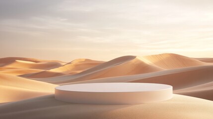Minimalist Podium in Desert Landscape - A sleek minimalist podium set against rolling desert dunes, symbolizing simplicity, elegance, nature, tranquility, and space.