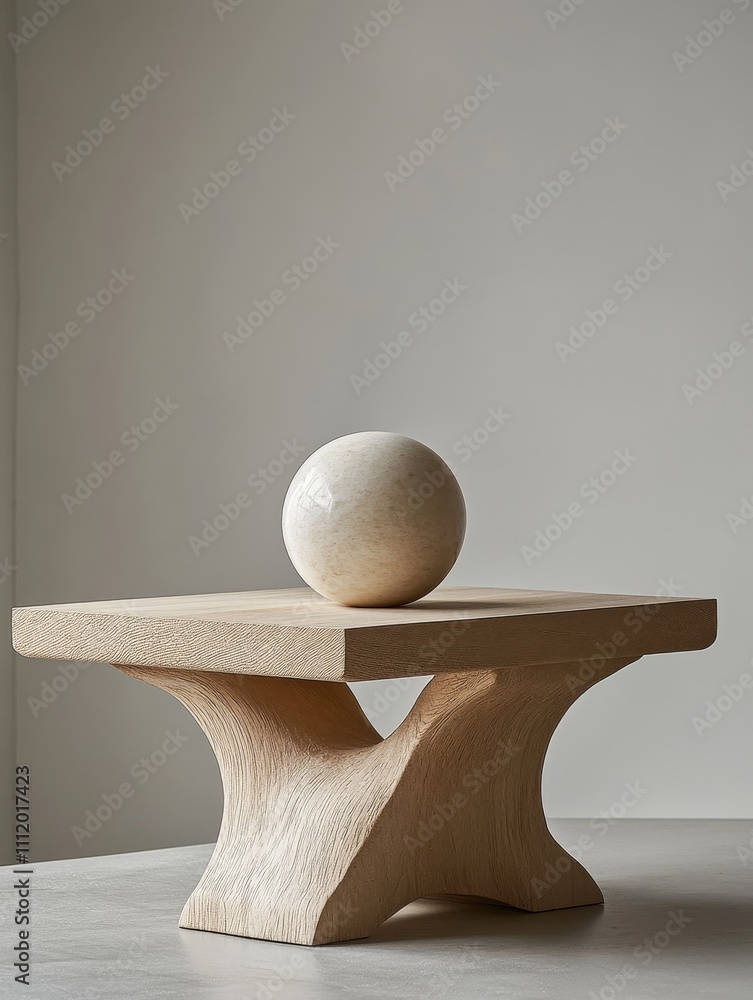 Poster minimalist wooden table with spherical object - a minimalist wooden table featuring a smooth spheric