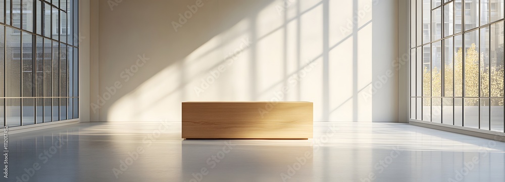 Poster a minimalist wooden podium in an expansive gallery, bathed in soft natural light from large windows,