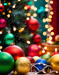 colorful Christmas balles on a tree. sparkle details and vibrant colors. space on the left for text or additional design elements.