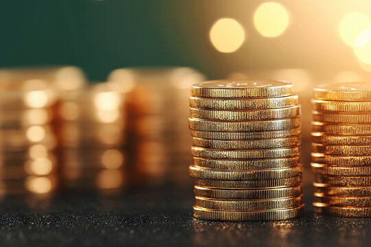 Stacks of glowing gold coins with blurred background create sense of wealth and prosperity. warm light enhances luxurious feel of image