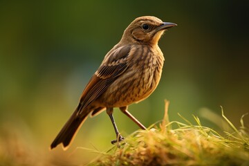 A Graceful Avian Sentinel A Brown and Black Bird Perches Amidst Lush Grass its Keen Gaze Scanning for Nourishment