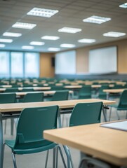 Modern Empty University Classroom with Desks and Chairs - Engaging photo of a modern empty university classroom symbolizing learning, education, preparation, focus, and academic environment.
