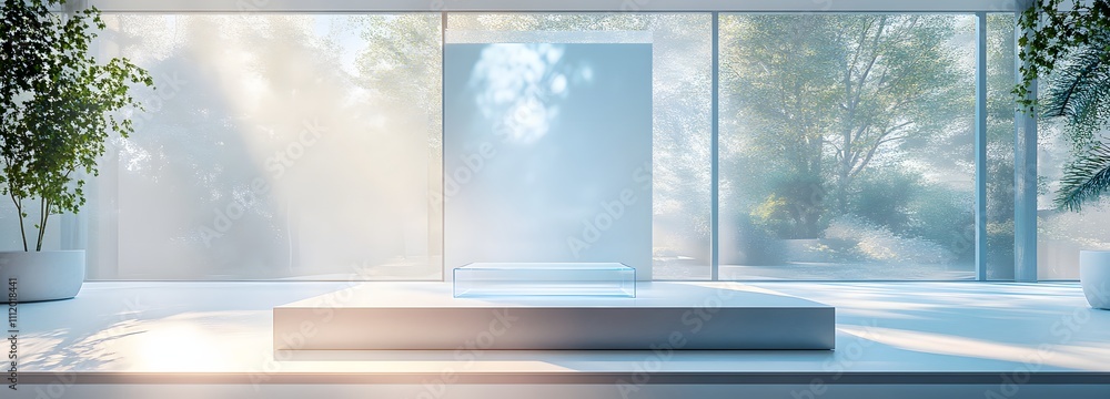 Aufkleber a transparent podium in an empty, bright room with large windows, soft overhead lighting, and a mini