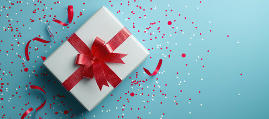 white gift box with red ribbon and confetti background 19