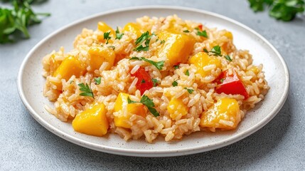 Delicious Mango and Rice Dish with Fresh Herbs and Colorful Peppers