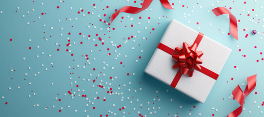 white gift box with red ribbon and confetti background 18