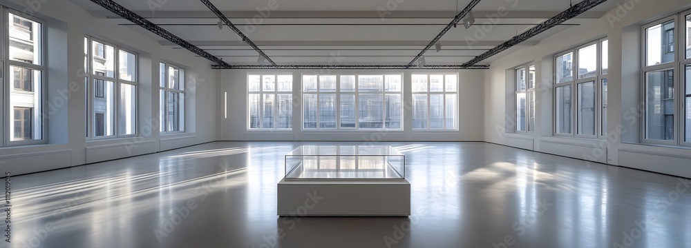 Poster a transparent podium in an empty, bright room with large windows, soft overhead lighting, and a mini