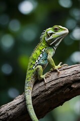 Fototapeta premium A vibrant green and blue lizard with a spiky back, perched on a tree branch