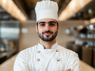 Portrait of chef in hotel kitchen, wearing white uniform and hat, exuding confidence and professionalism