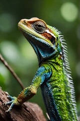 Fototapeta premium A vibrant green and blue lizard with a spiky back, perched on a tree branch