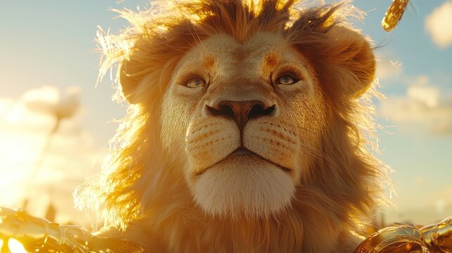 Majestic lion Aslan, regal mane flowing, embodying strength and wisdom, standing proud in a sunlit savannah, symbolizing courage and leadership in a fantastical realm.