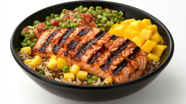 Grilled Salmon Fillet with Rice and Fresh Vegetables in Bowl