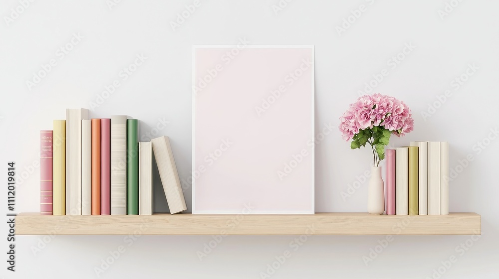 Poster mockup poster displayed on a rustic wooden shelf adorned with neatly arranged books, creating a cozy